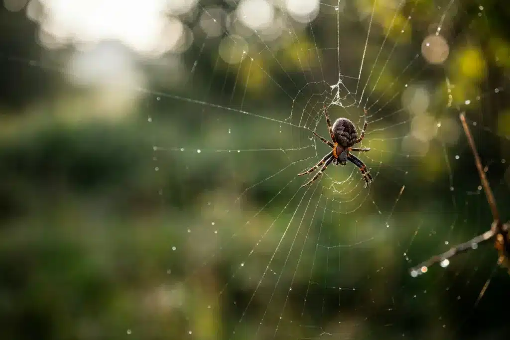 Dark brown spider resting on an intricate web in soft golden morning light.