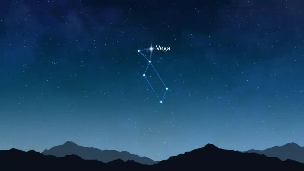 The Lyra constellation shining above a mountain landscape at twilight.