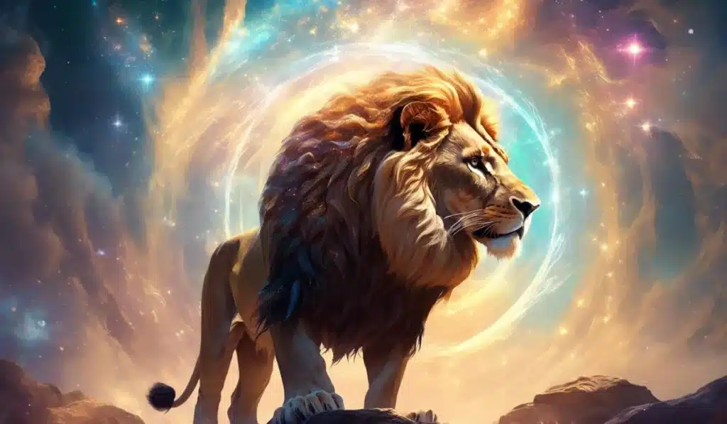 Majestic lion in golden celestial light representing courage and strength in Lyran starseed symbolism.