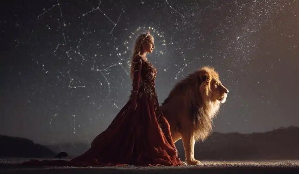 Fantasy illustration of a woman beside a lion beneath a luminous star-filled sky