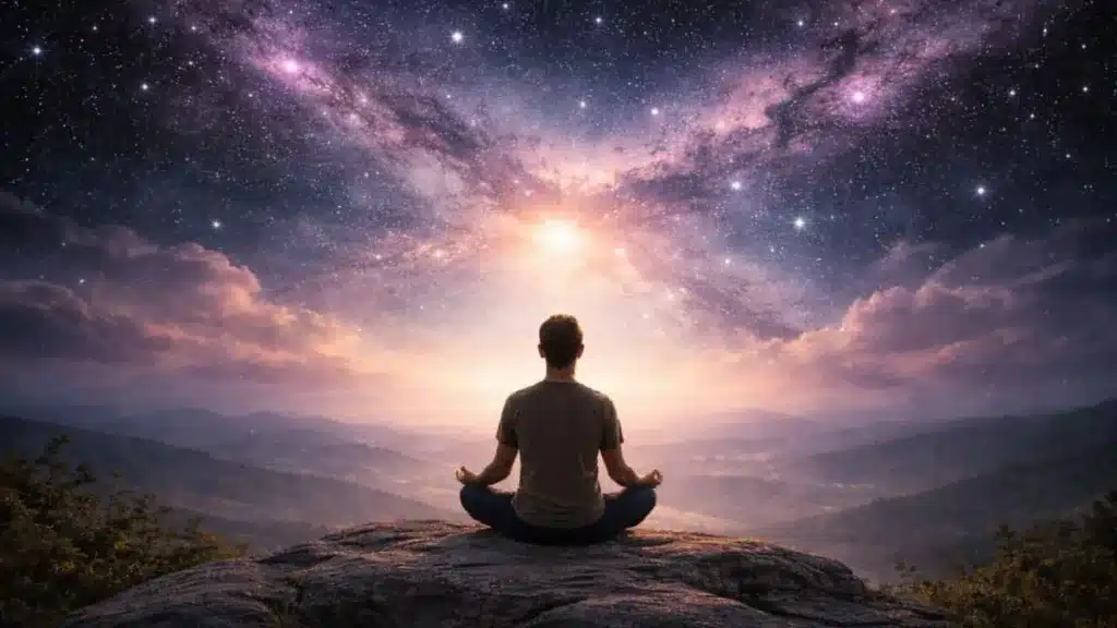 Person meditating on a mountain beneath a star-filled sky, representing spiritual reflection and personal purpose.