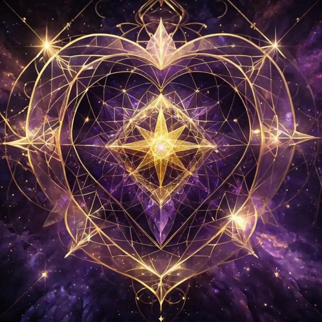 Glowing golden geometric symbol against a deep blue starfield.