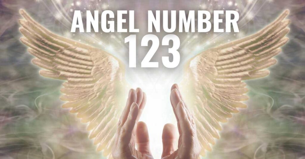 A representation of the angel number 123, depicted with glowing, ethereal numerals "1", "2", and "3", ascending in size and brightness against a celestial backdrop.