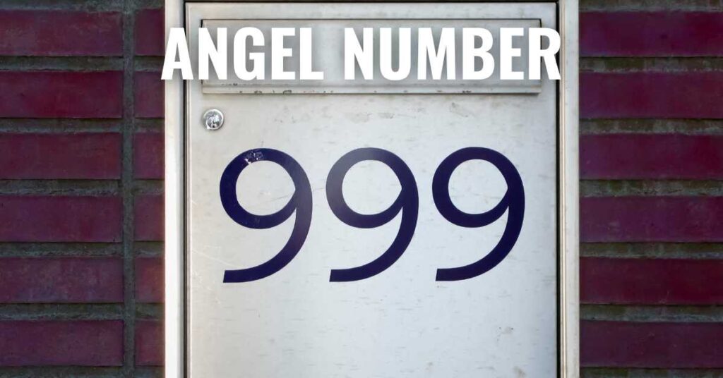 Angel number 999 displayed in bold, white numerals against a tranquil blue background with subtle, radiant light surrounding the figures.