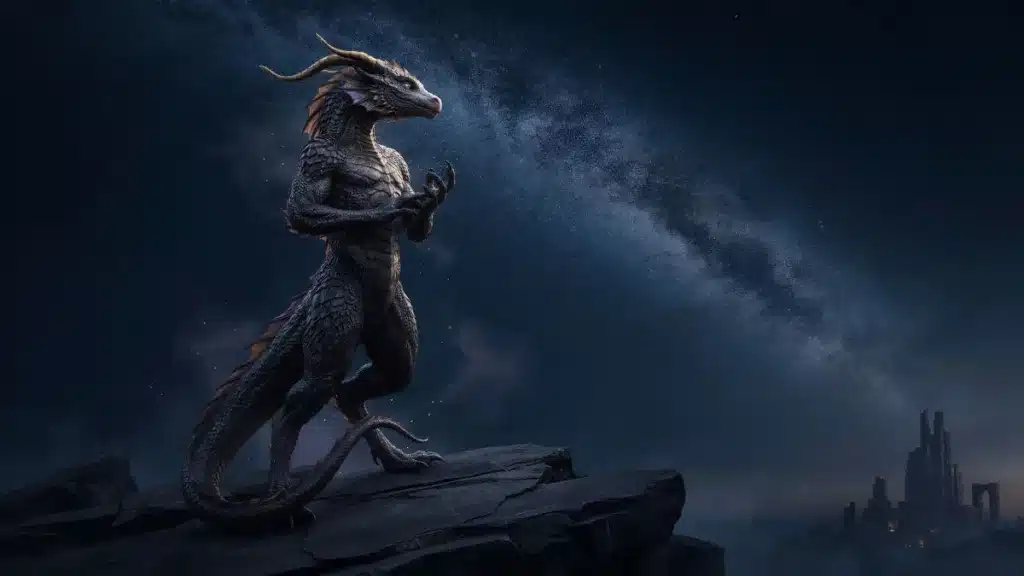 Dragon-like cosmic guardian beneath a star-filled sky, representing Draconian starseed symbolism.