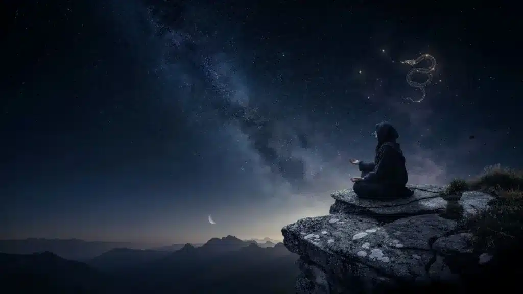Meditating figure beneath a star-filled galaxy with a subtle dragon-shaped constellation.