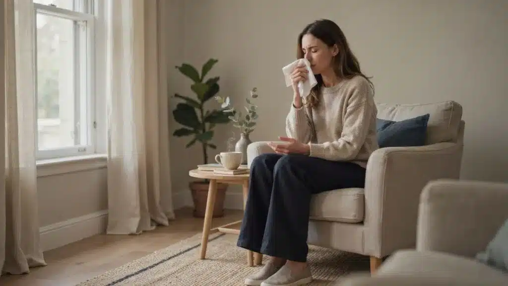 Person holding a handkerchief after sneezing in a naturally lit room.