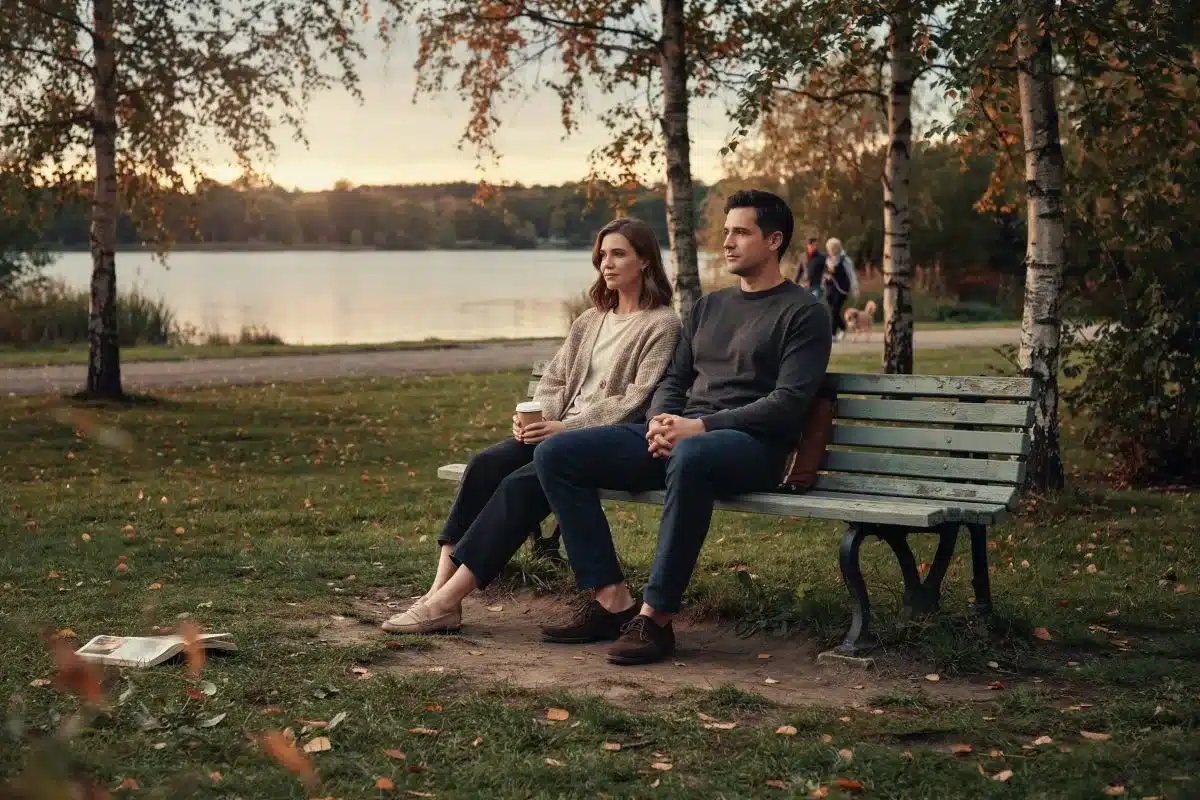 1111 Angel Number and Relationships Two people sitting thoughtfully on a park bench at sunset
