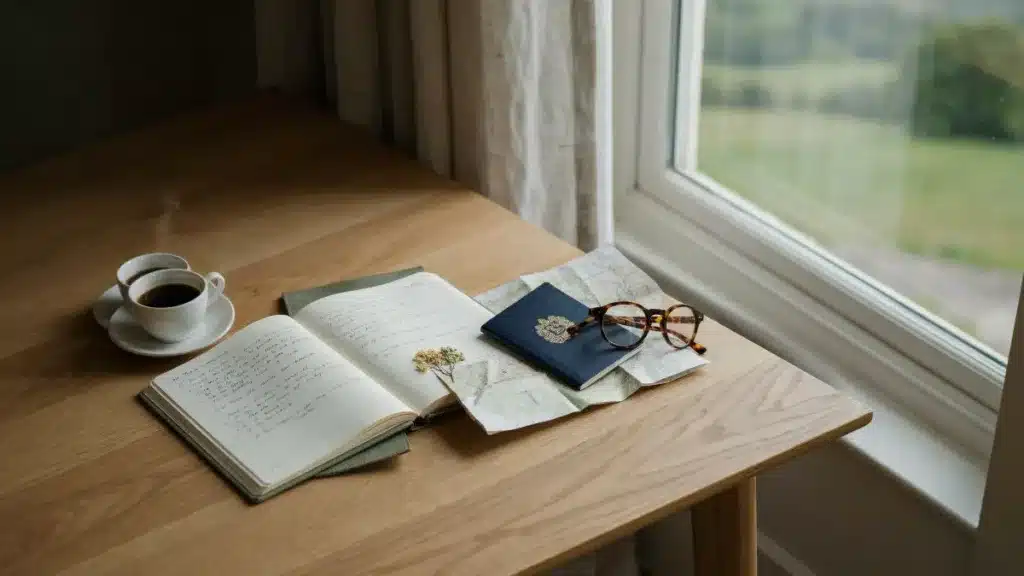 Travel journal and map representing the symbolism of a new journey