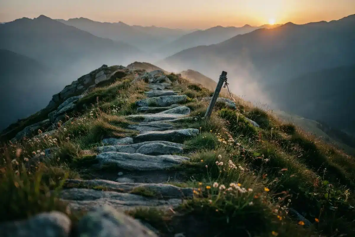 333 Angel Number and Personal Growth Stone steps leading towards a golden sunrise over misty mountains