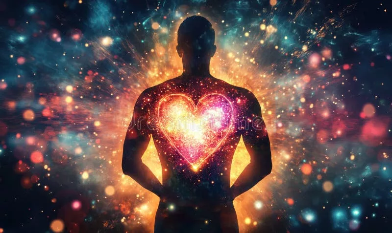 Cosmic Heart Energy Emanating from Silhouette, Vibrant Colors, Starry Background, Spiritual Essence, Human Connection Stock Photo